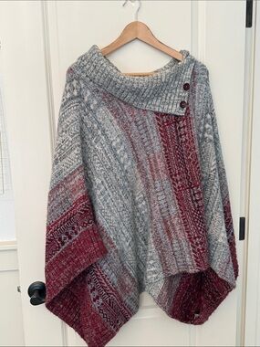 Free People Cowl Neck Willow Poncho Sweater Red Grey Combo Knit Size Large